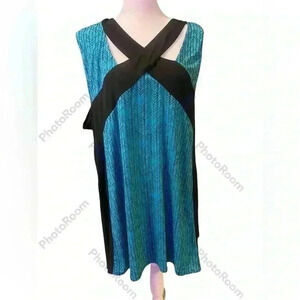 Worthington Woman sleeveless dress with V neck. Black & teal size 3XL